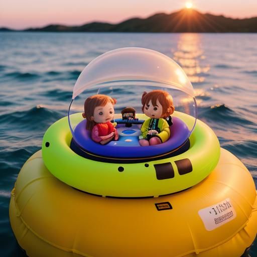Cute aliens are sitting inside an inflatable life boat. Floa...