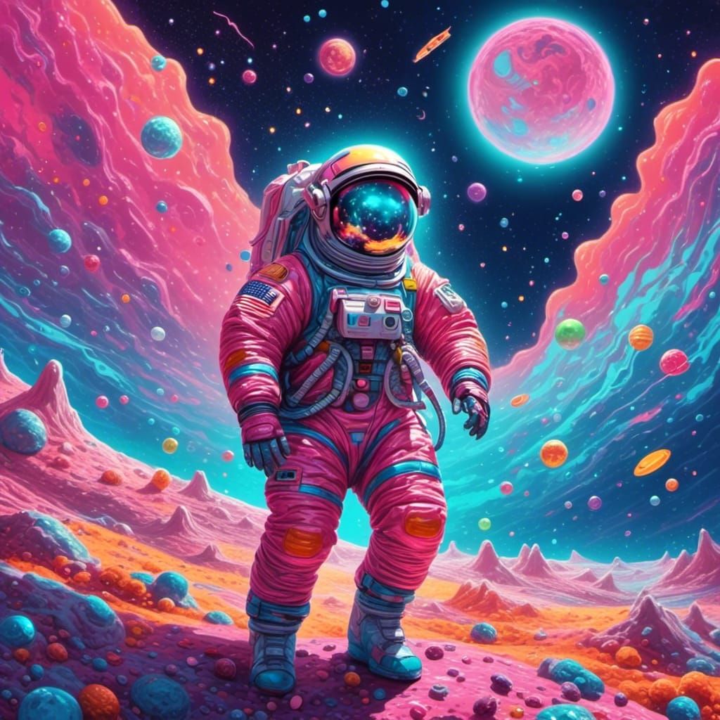 <lora:Bonbon Panic XL:1.0>
Candy sci-fi. A Llama astronaut in a spacesuit on the moon, with a flag that says "Llama Space Agency".