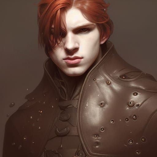 Medieval young man, pale skin, leather cloth, hooded, redhea...