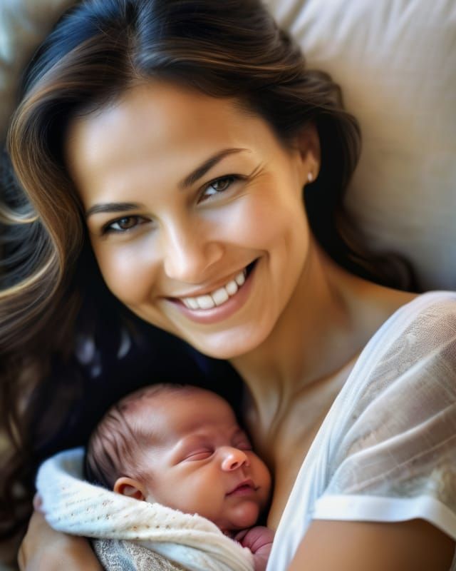 Smiling Woman Holding Her Newborn Baby