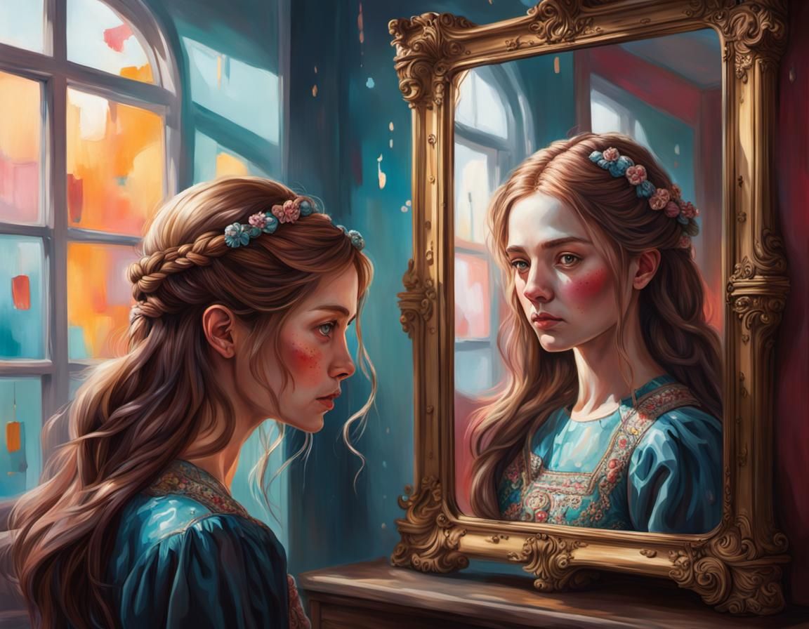 A woman looks in the mirror, but the mirror reflects a girl ...