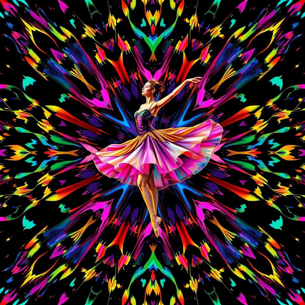 visualize a ballerina dancing on a stage composed of kaleidoscopic shards, each reflecting a different ...  by @Silphir