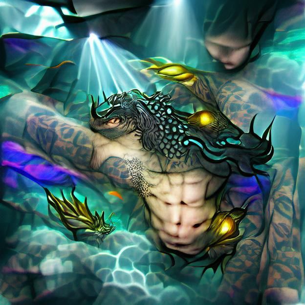 Underwater dragon god rays tattoo digital illustration