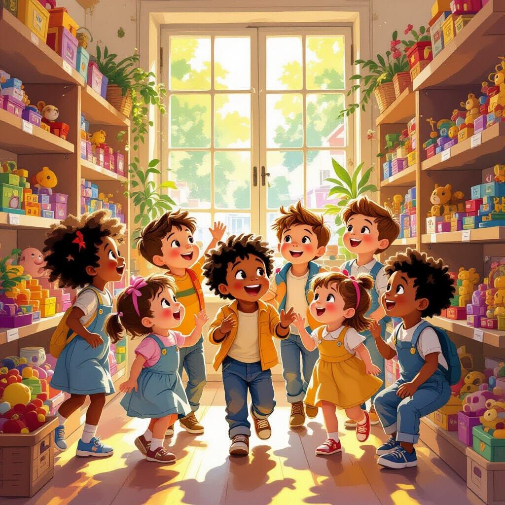 Children Joyfully Explore A Vibrant Toy Store