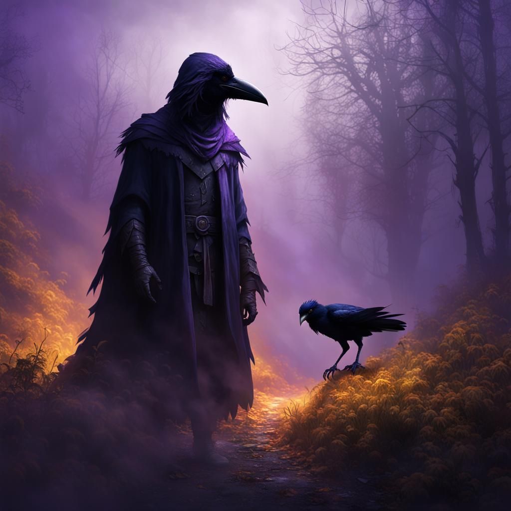 Shadowed figure emerging from the fog wearing a crow mask  by @Kelsey 