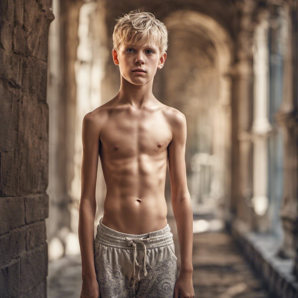 front of shirtless muscular blond boy 12yo full body abs lovely face ...