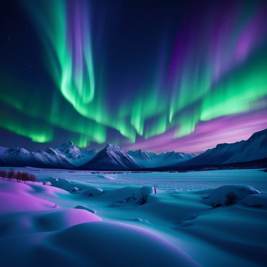 In the serene expanse of icy landscapes, the Northern lights ...