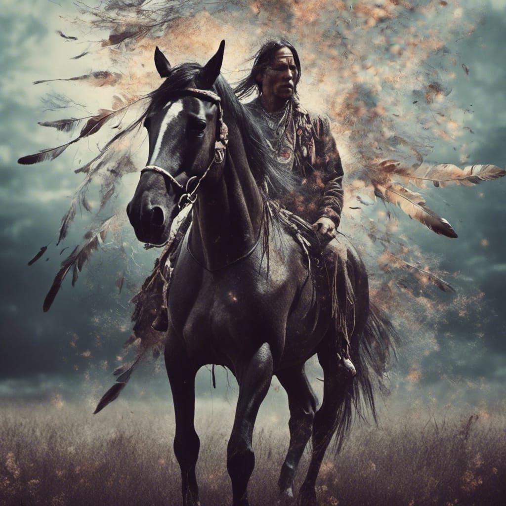 Native American man on a horse in a field.