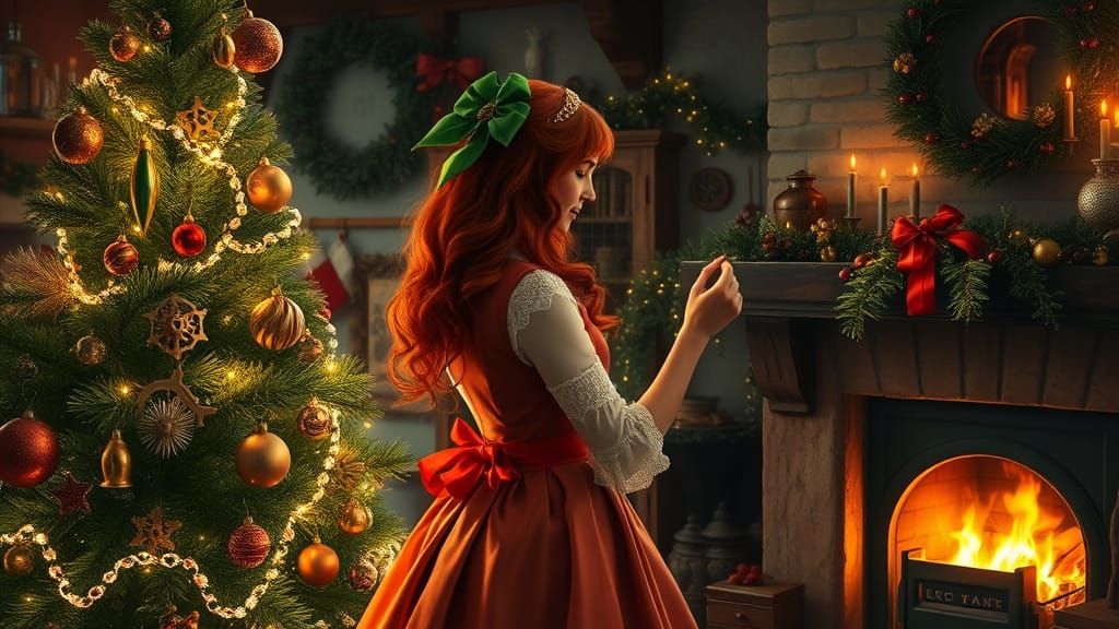 Steampunk Christmas Tree Decorating in Cozy Room