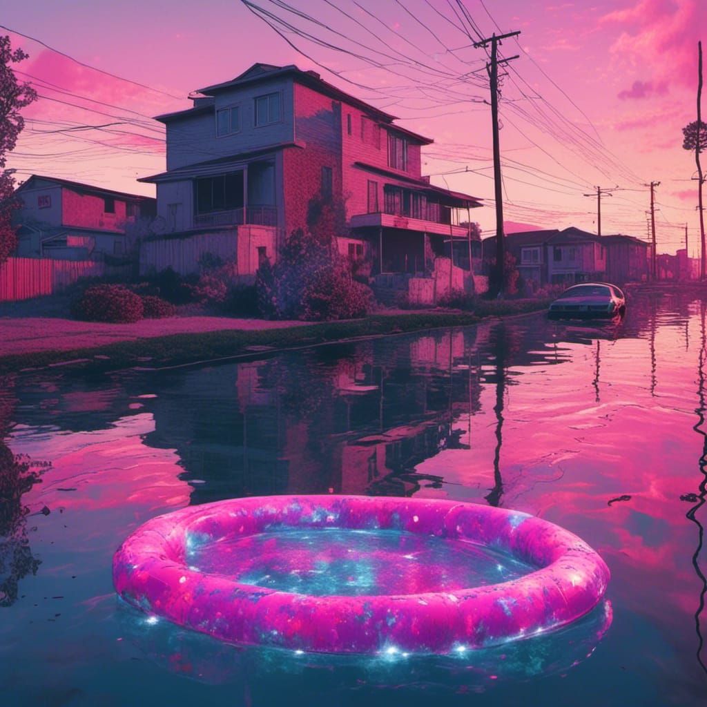 <lora:Sunken Suburb:0.7>
Vaporwave Dreamscape: An inflatable pool float floating on the surface of the water over submerged liminal street i...