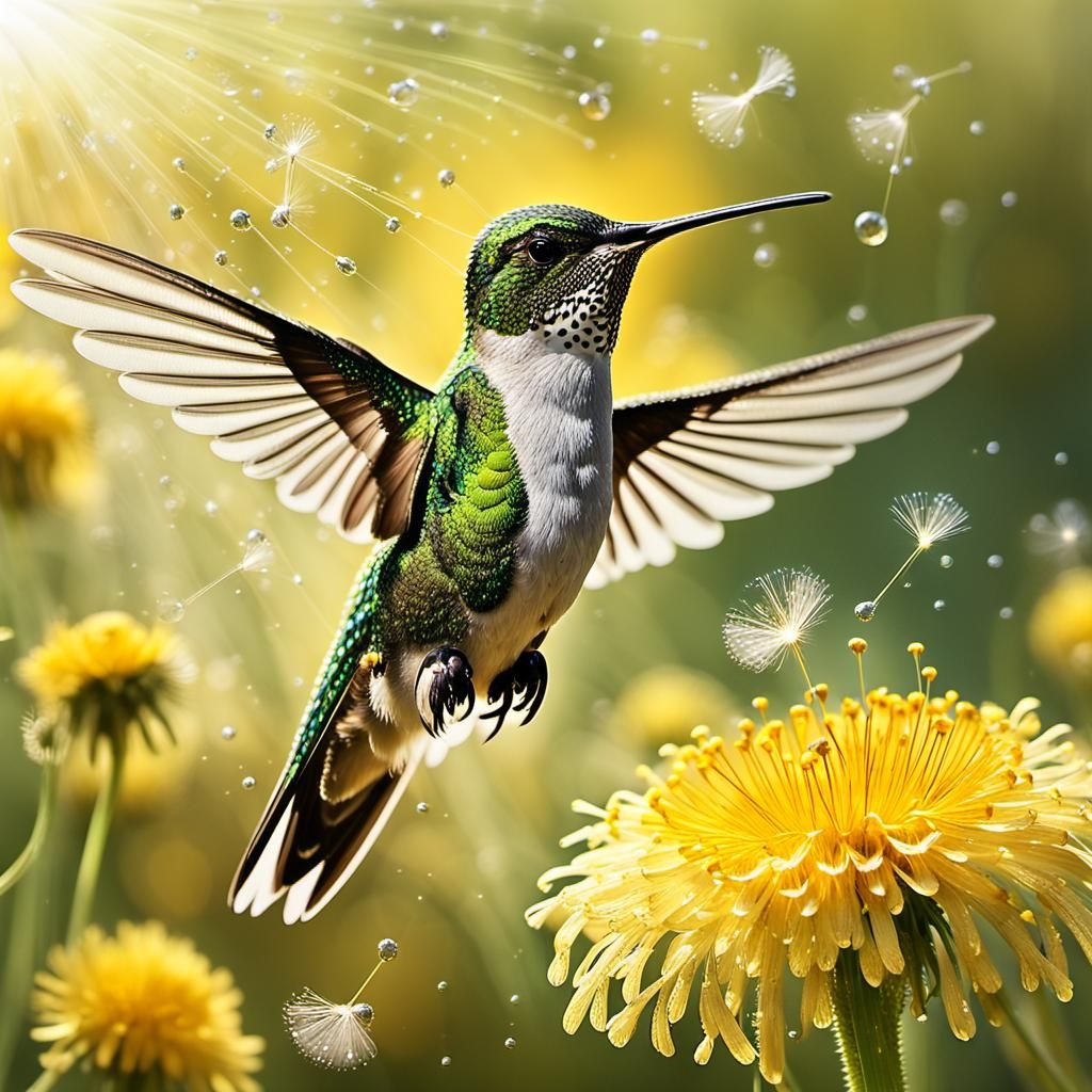 Hummingbird with the dandelion dew