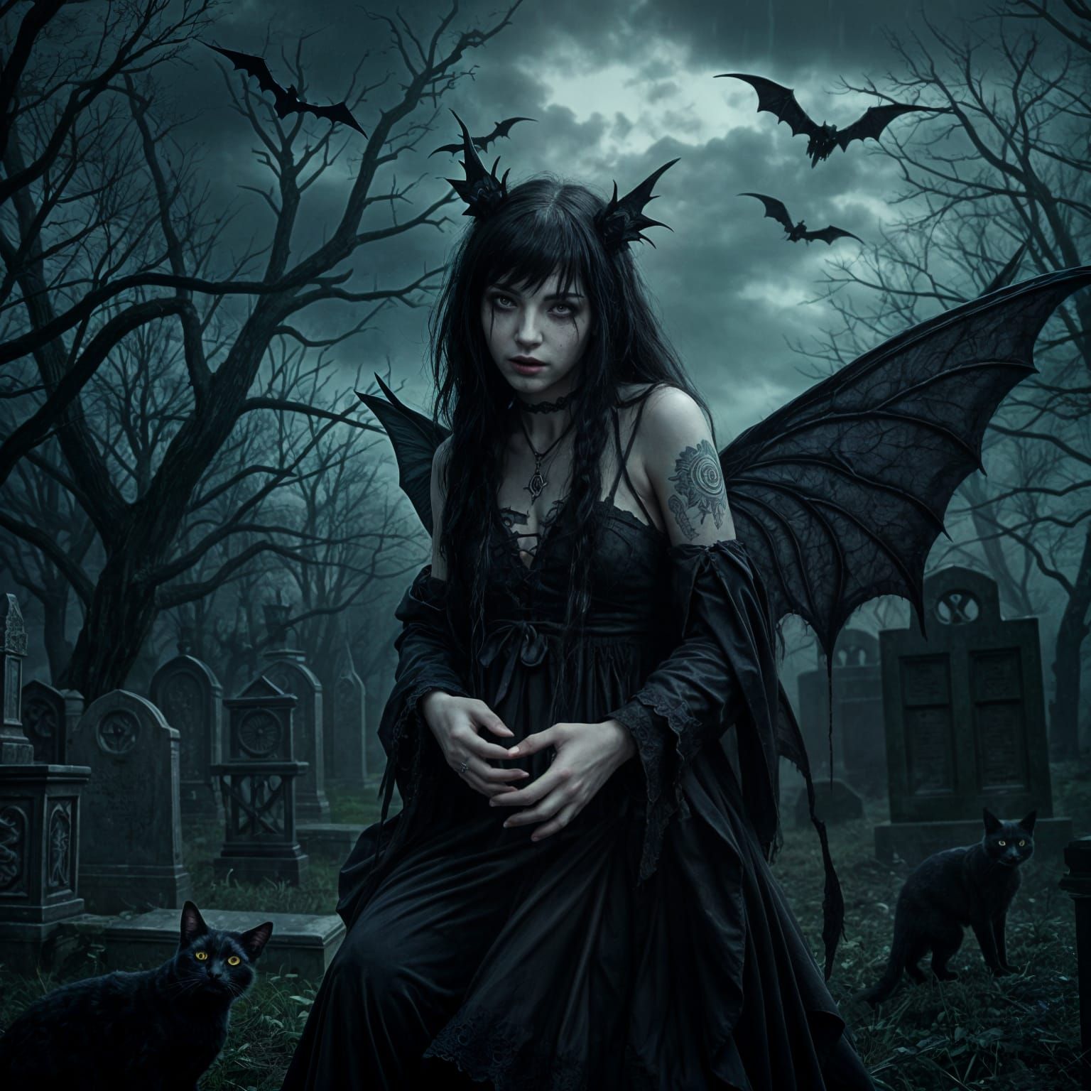 Gothic Vampire Fairy in Cemetery - Dark Fantasy Art