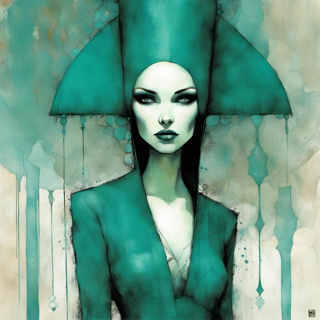 A woman in teal by Richard Burlet and Shawn Coss AI Generated Artwork