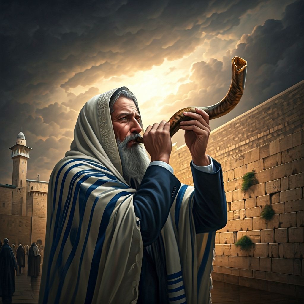 Man Blowing Shofar at Western Wall in Dramatic Lighting