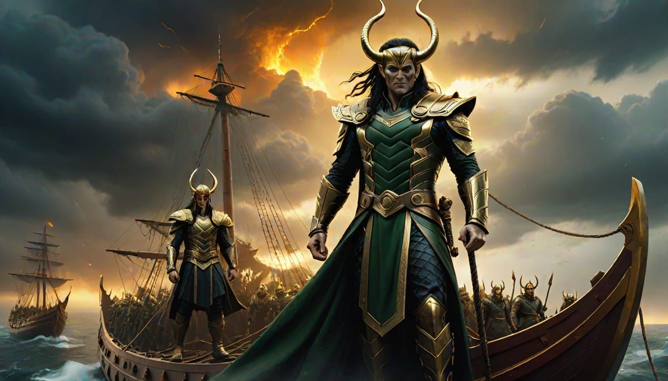 Loki and his army on the ship Naglfar bound for Ragnarök. 