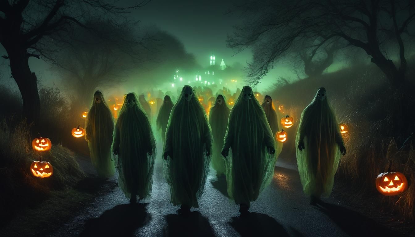 Misty Irish hills. Late at night. Countless willow o'wisps glow with a soft fluorescence. A procession of masked undead follows Mike Mayers...