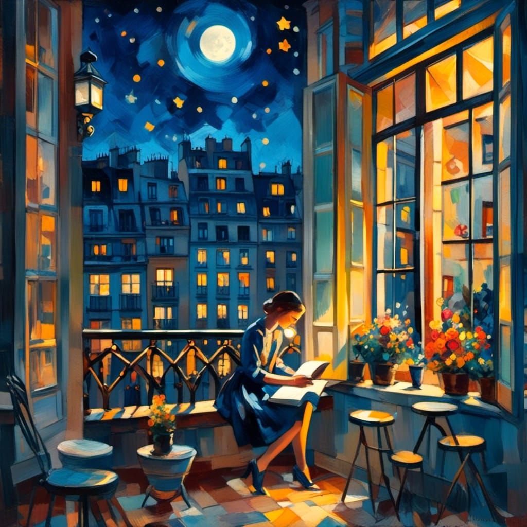<lora:RomanticCompXL:1.0> Beautiful girl reading book by the window of Paris quarter colorful vibrant bold color midnight moon stars streetl...