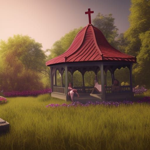 garden gazebo in a church courtyard, many students sitting i...