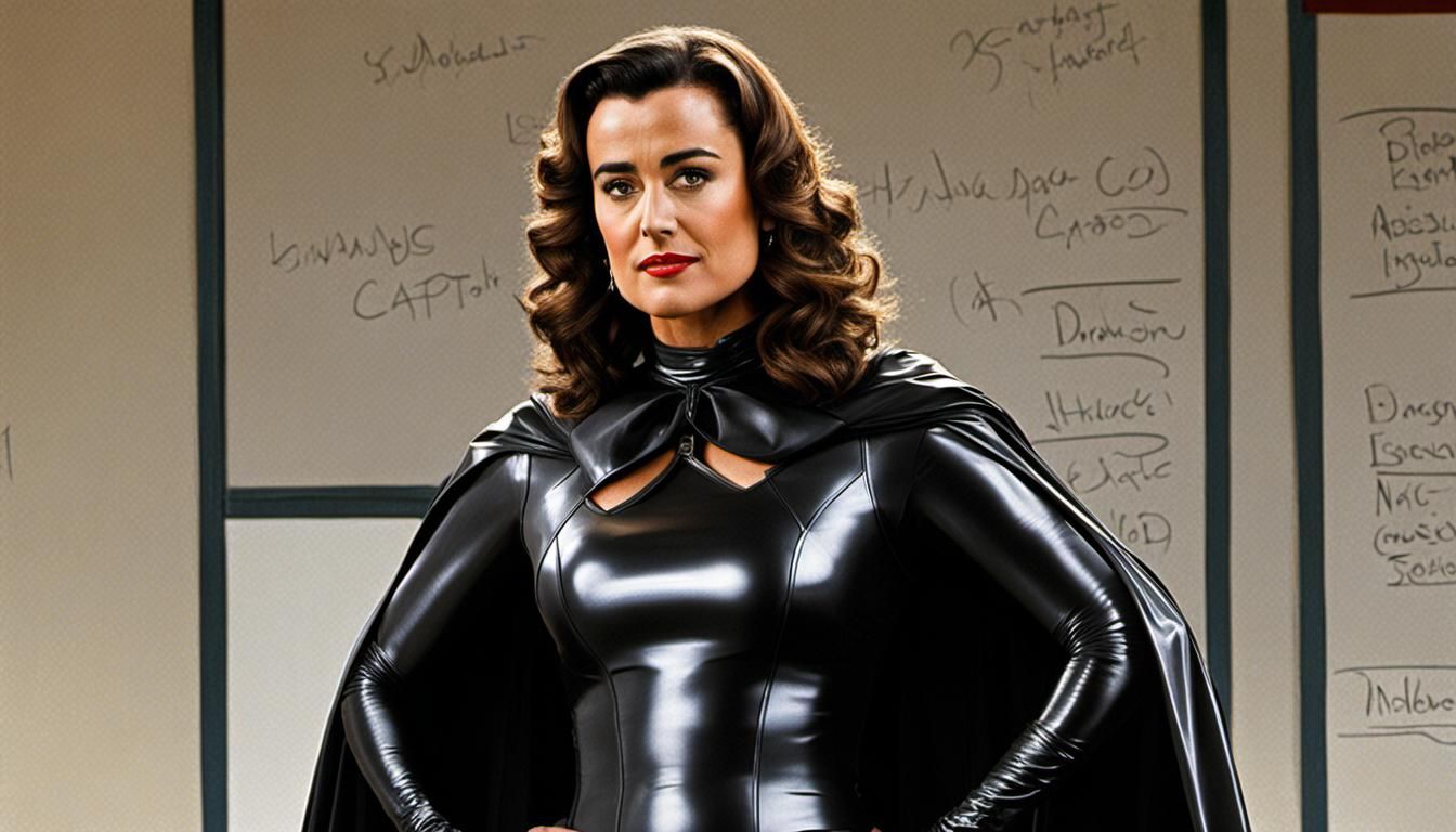 young Cote de Pablo dressed in black latex is a strict caped...