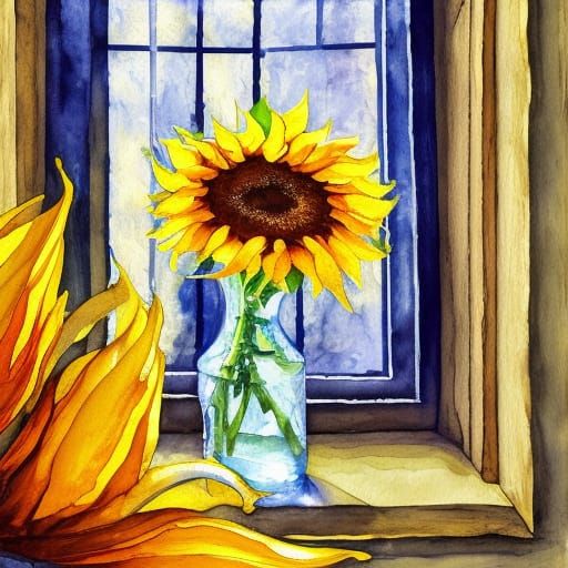 large beautiful sunflowers in glass vase in summer time wind...