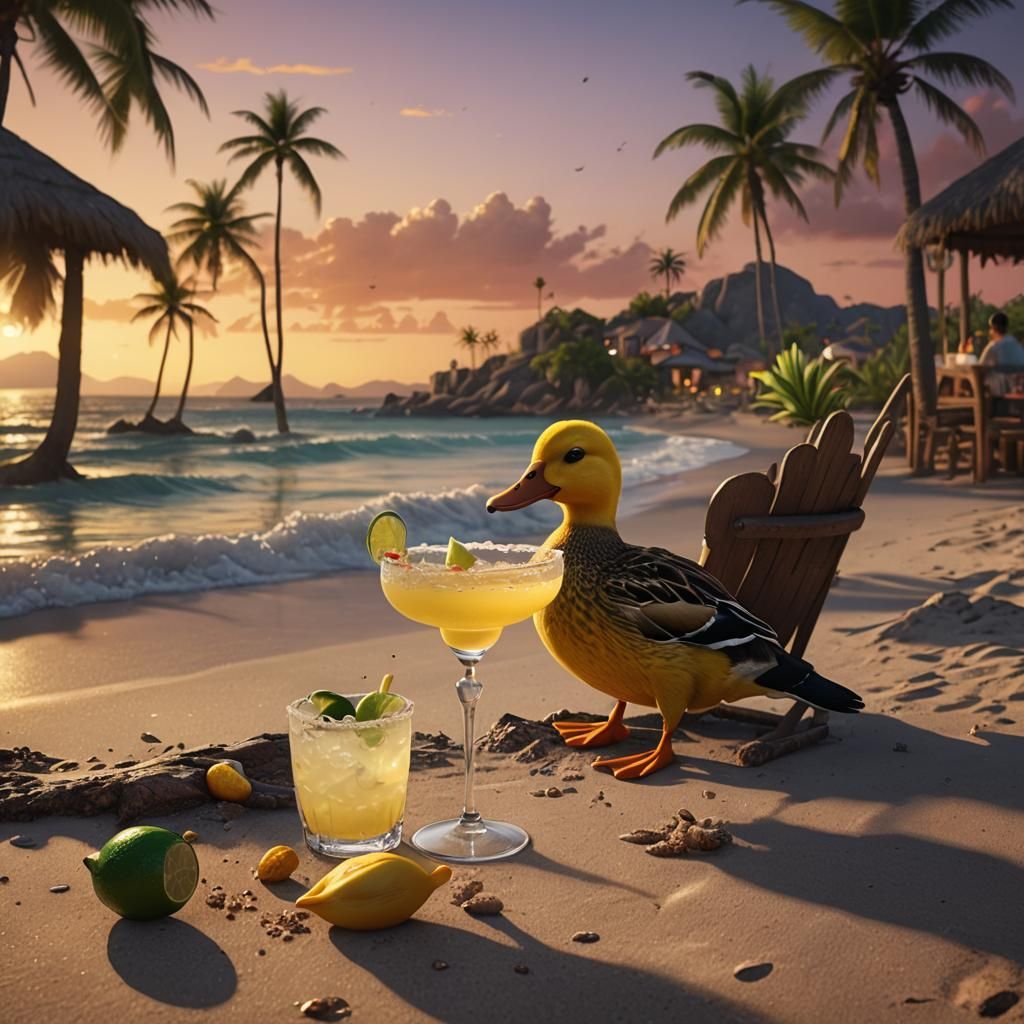 small yellow duck  in mexico on the beach at sunset drinking...