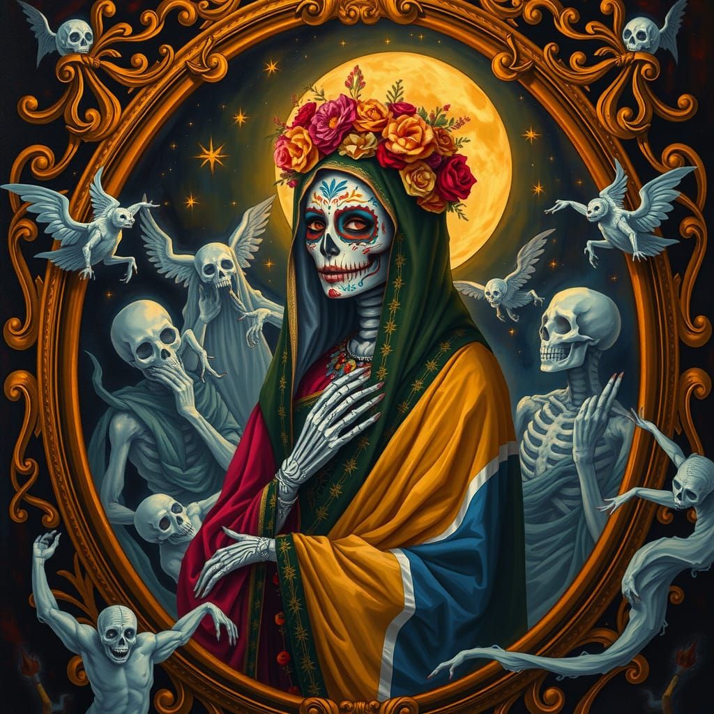 Day of the Dead Queen in Mexican Retablo Style
