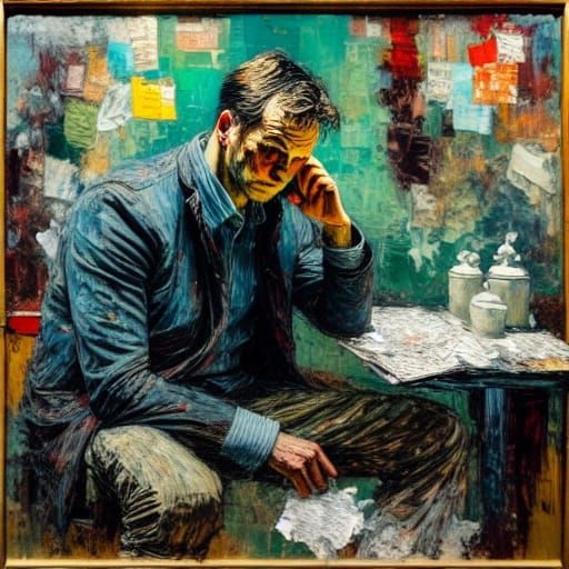 Devastated Man in Dim Room, Hyperrealistic Painting