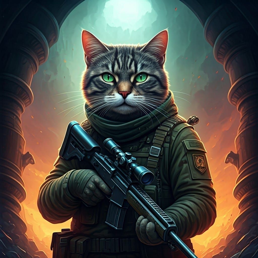 Fierce Military Cat Sniper in Detailed Matte Painting