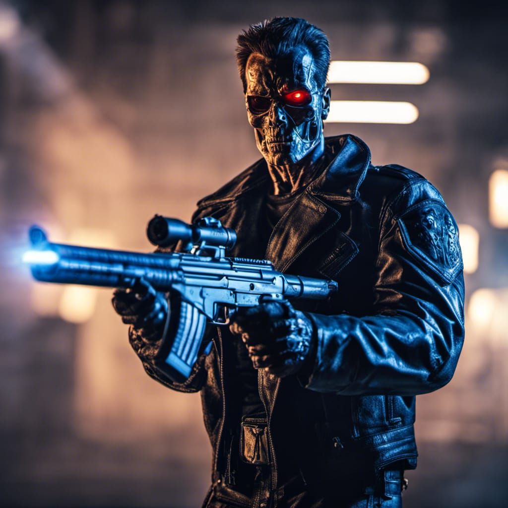Terminator with shotgun in blue light