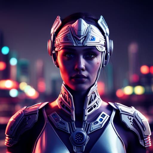 Portrait of a cyborg girl wearing futuristic face armor in a...