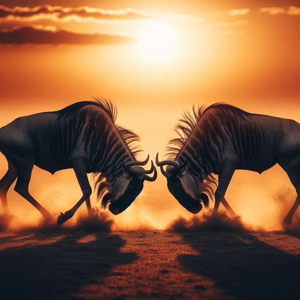 Two wildebeests fighting
