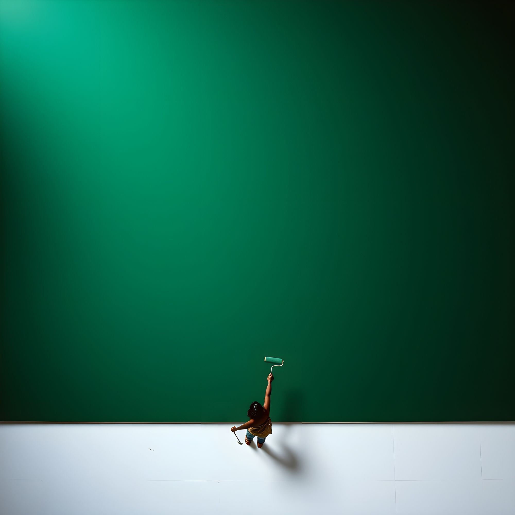 top-down view of a plain white ground. On the floor is a massive, rectangular canvas, measuring approximately 50 feet long, with a height-to...
