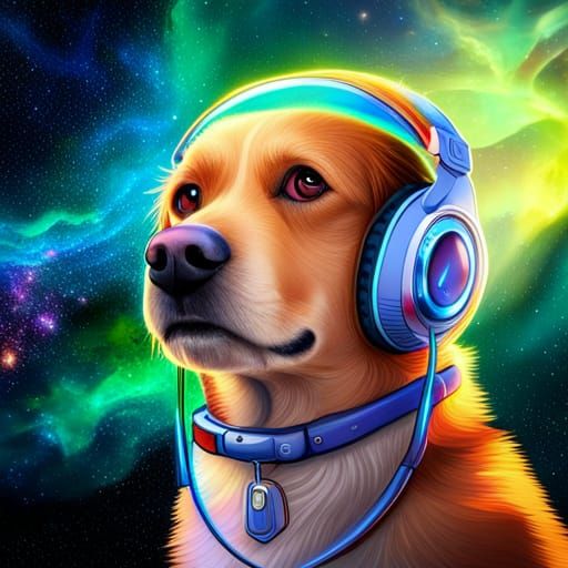 dog with a headset translation device in talking to scientis...