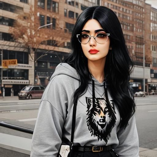 <lora:Human-Figure:1.0> a beautiful girl with black hair, full, botox lips, black glasses, and resembles sssniperwolf