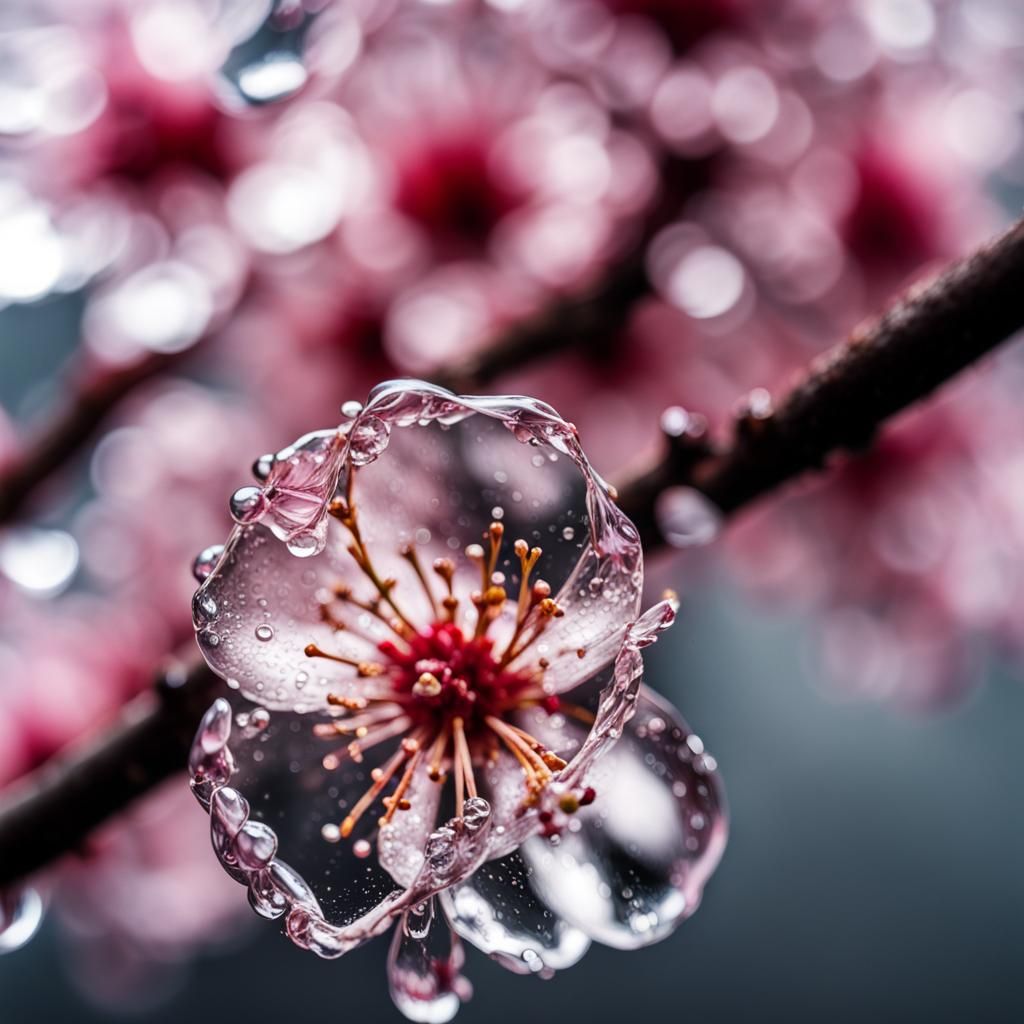 Close up look at a crystal cherry blossom flower with water ...