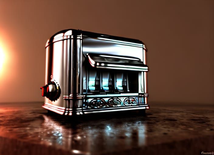 Shiny chrome toaster coming out of an old Victorian fireplace Zdzisław