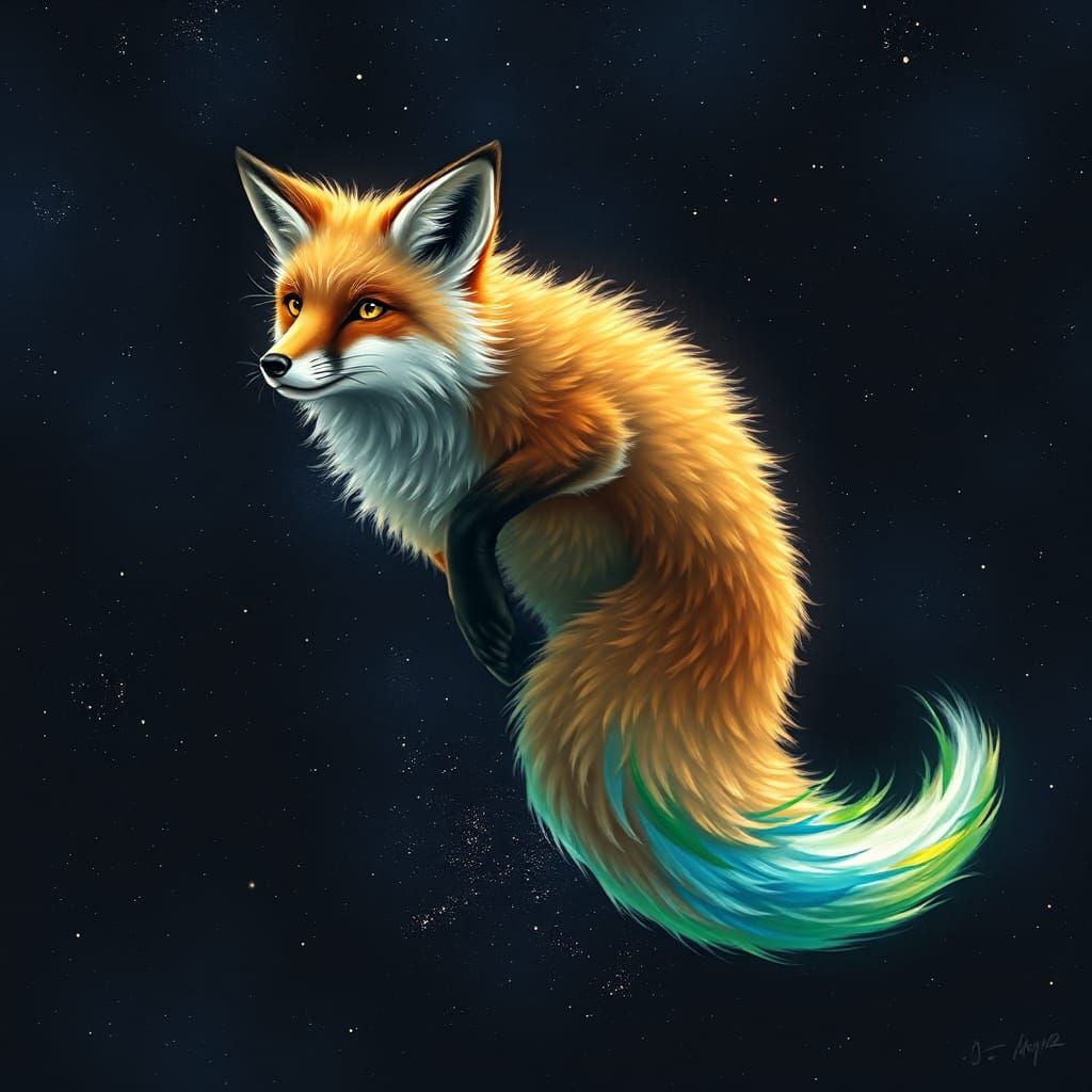 a painted fox running through the sky using its tail with "green and blue wet paint on the 1/4 of the tip of the tail" with strecs of "blue...