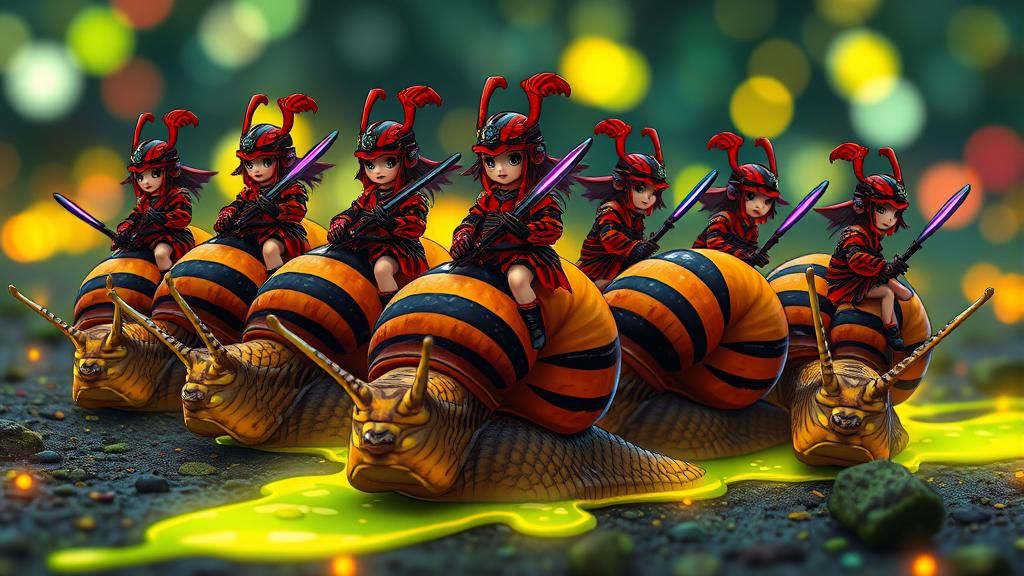 goblins jockey riding on the back of snails,