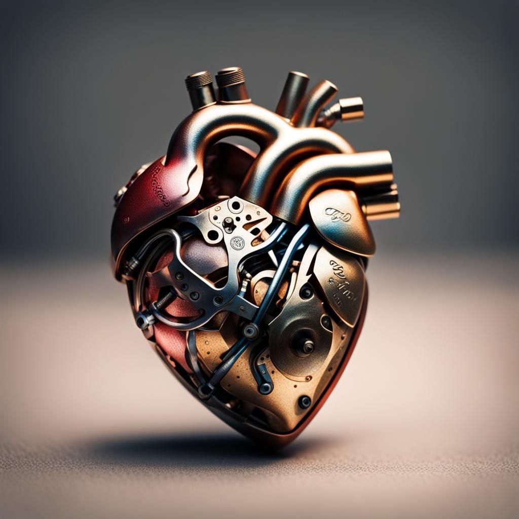 Realistic shaped metal heart, proper anatomy, mechanic heart...