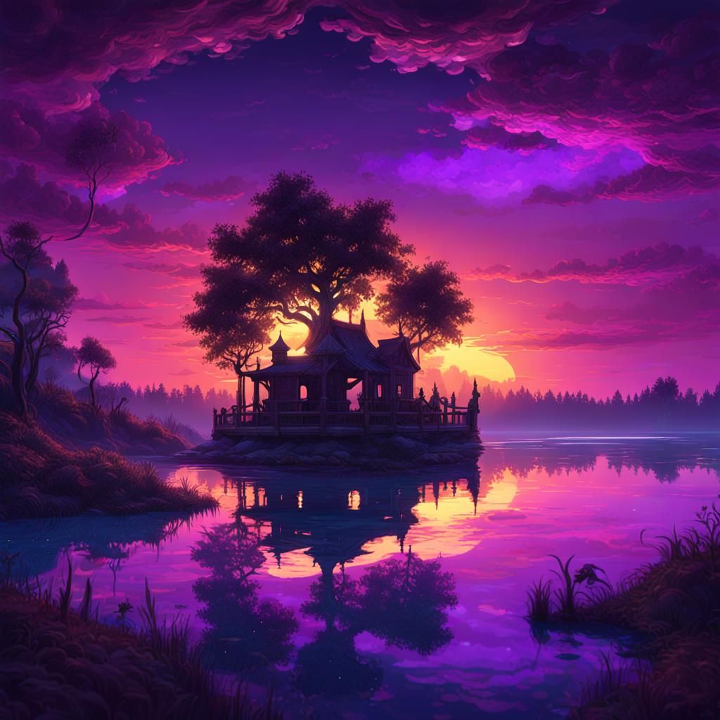 Sunset aqua purple sunset on lake at night