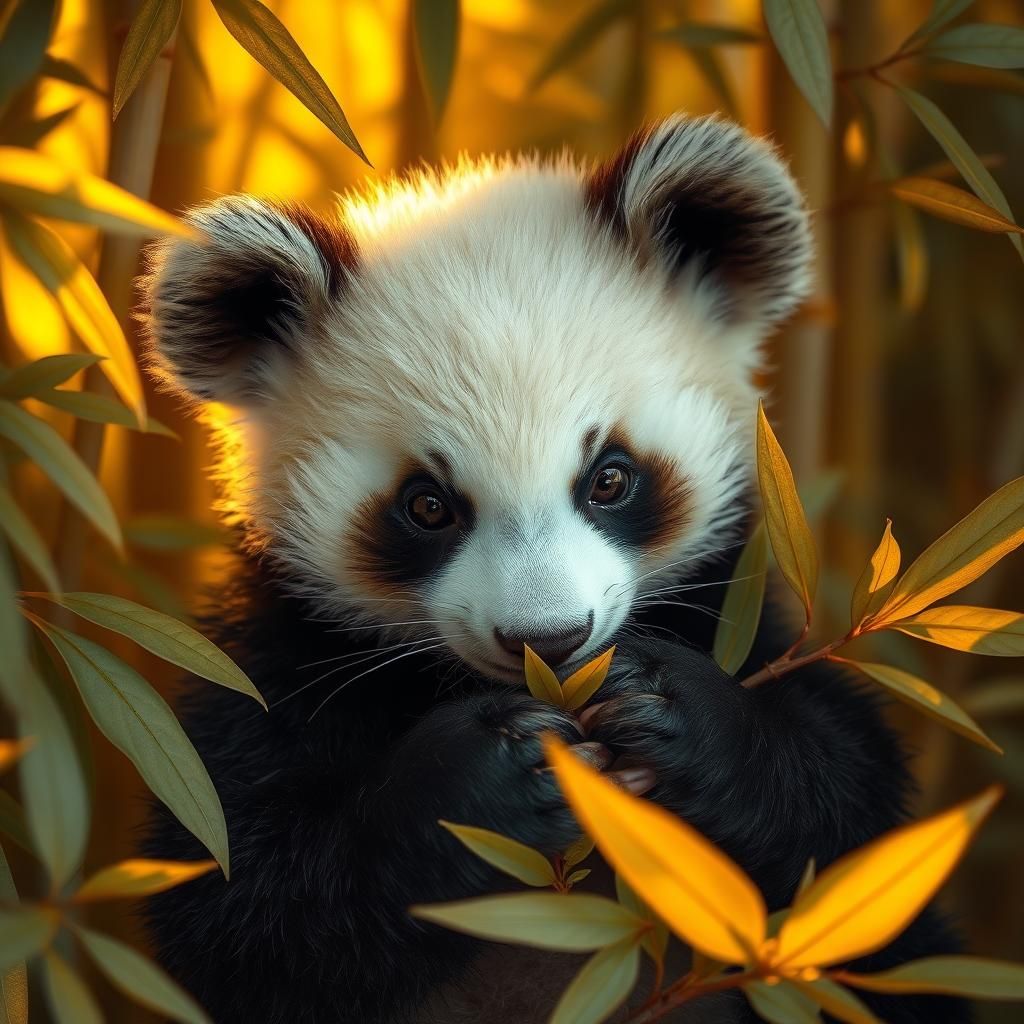 cute brown-eyed panda cub, eating
