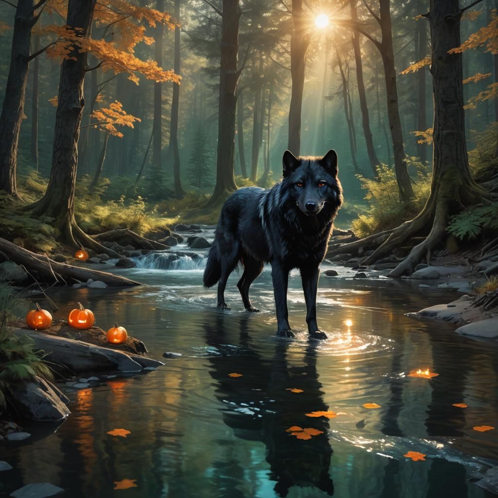 A forest dimly lit with an opening of light shining on the stream. Standing on the side of the stream ...  by @Lazari Forest