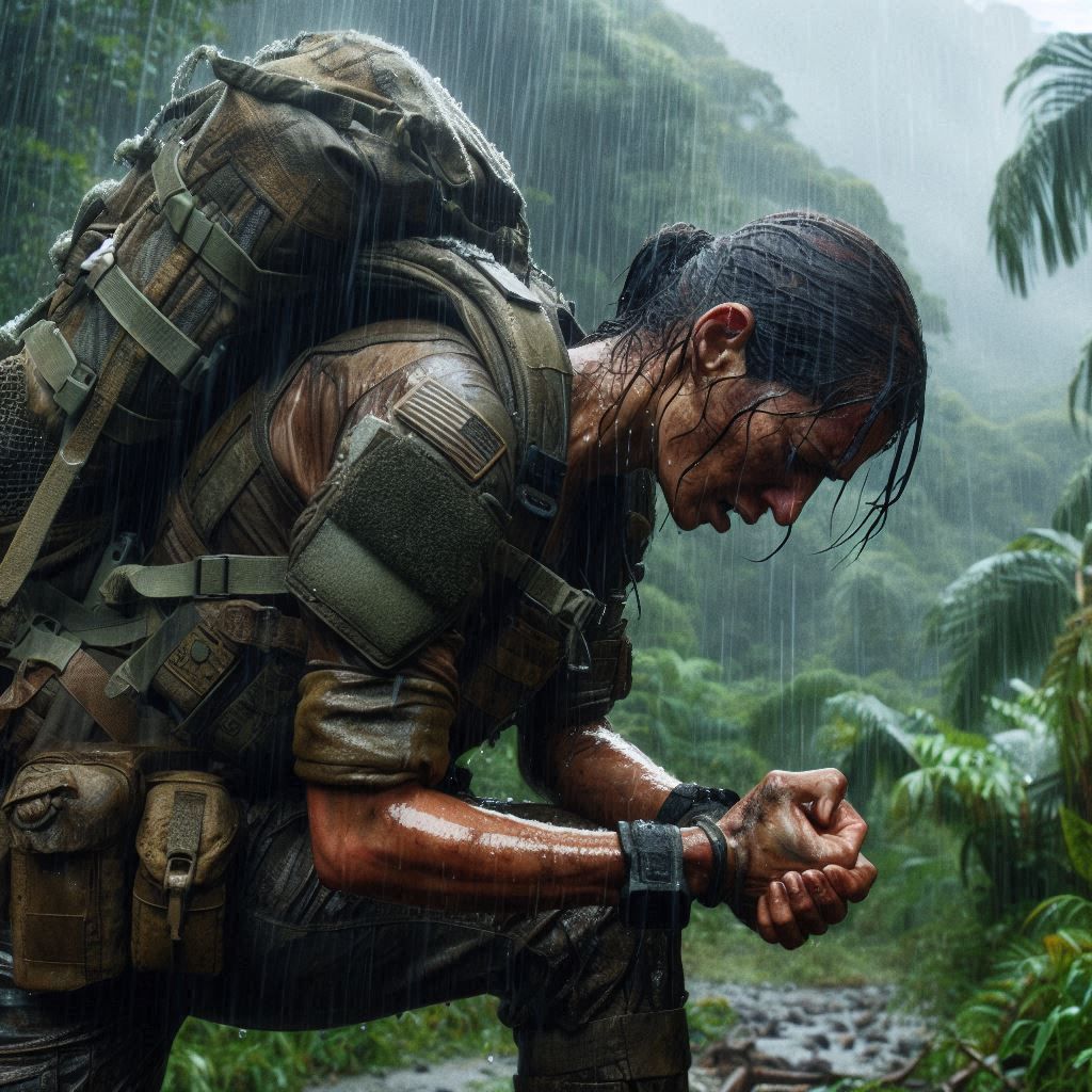 A female Space Marine of Peruvian origin on an endurance mar...