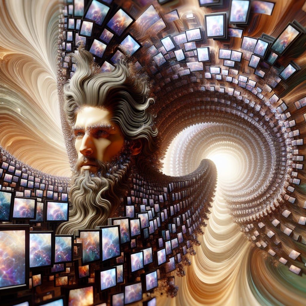 Imagine a complex, kaleidoscopic scene filled with multiple television screens forming a long twisted tunnel, all displaying the same image...