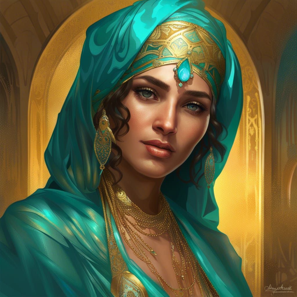 A middle eastern woman in a glittering Turquoise and gold dr...