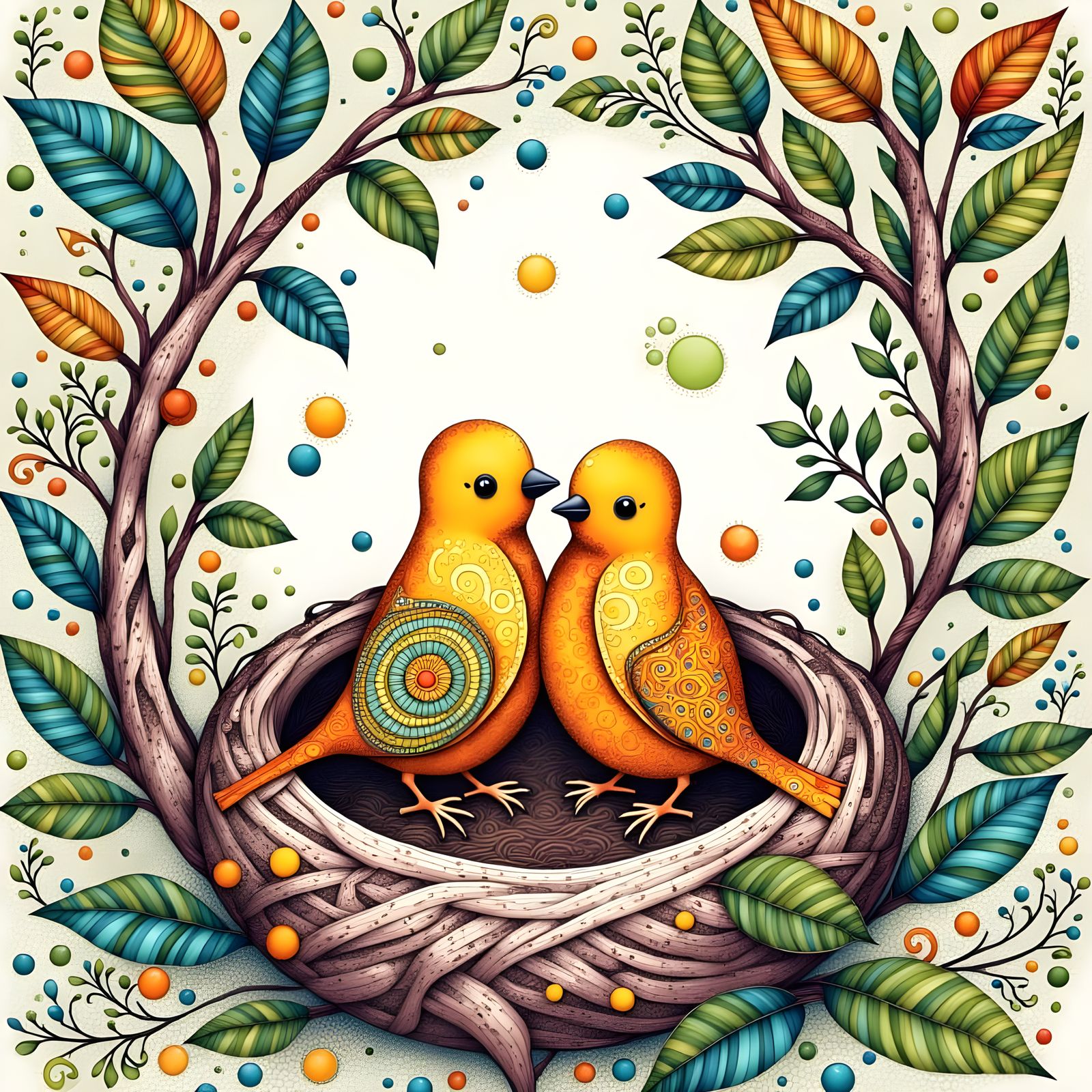 adorable zentangle baby birds, in a nest, in a tree, yellow, green, blue, brown,<lora:Zentangle:1.0> 