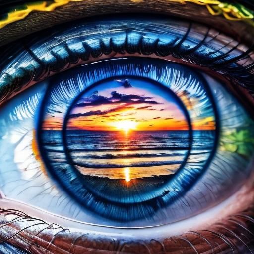 "macro shot of “ocean <lora:Eyeeezzzzz:1.0> inside an eye" double exposure collage art illustration, silhouette art, fantasy, hdr, vibrant,...