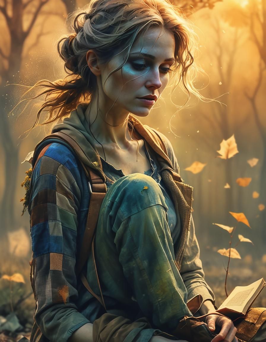 Homeless Wanderer Reading: Surreal Mixed Media Art