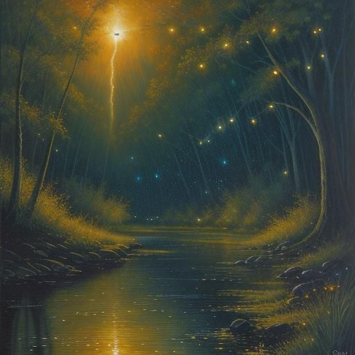 Now gathering,
Now scattering,
Fireflies over the river.