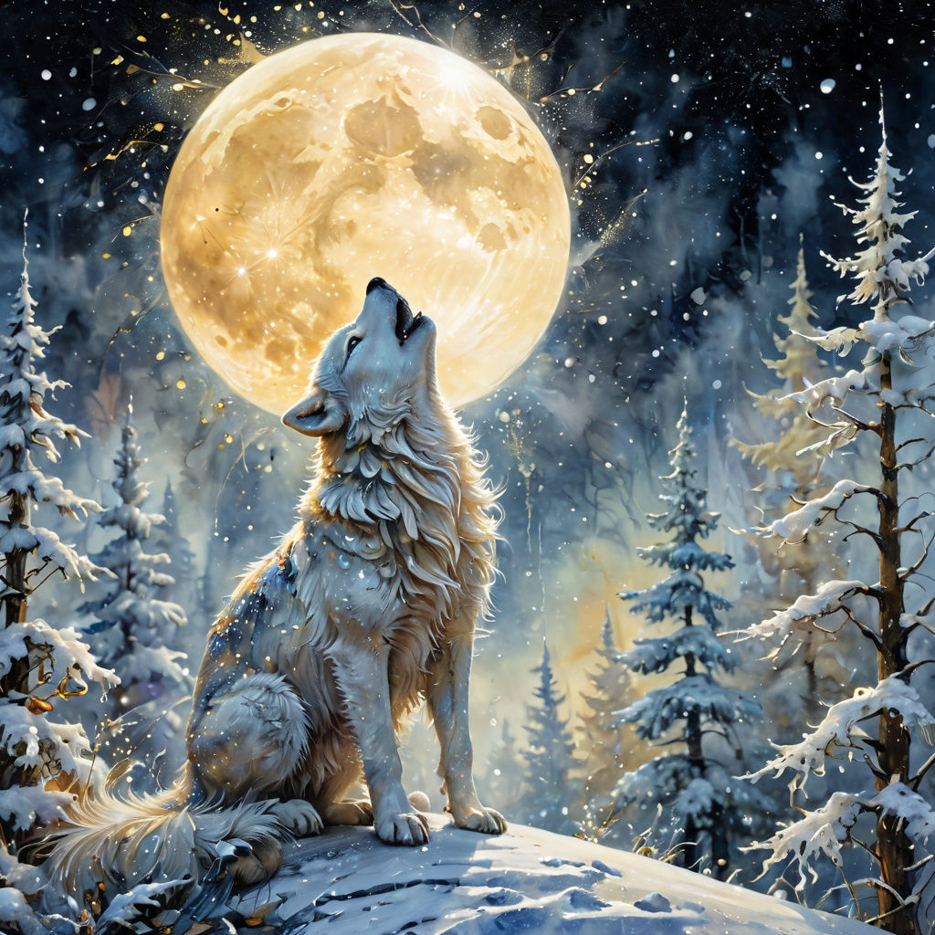 A lone wolf howling at the full moon in a snow-covered forest.  by @Citrus Gardenia